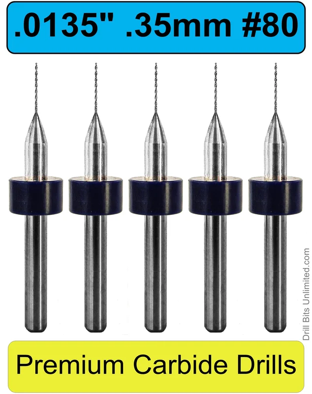 0.0135" 0.35mm (#80) Solid Carbide PCB Drill Bit Set, 5-Piece, 1/8" Shank