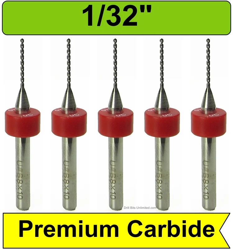 0.0315" 1/32" (0.8mm, #68) Solid Carbide PCB Drill Bit Set, 5-Piece, 1/8" Shank