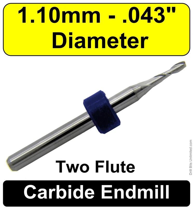 0.043" (1.10mm) Solid Carbide Square End Mill 2-Flute, Up Cut, 0.200" Cut Depth