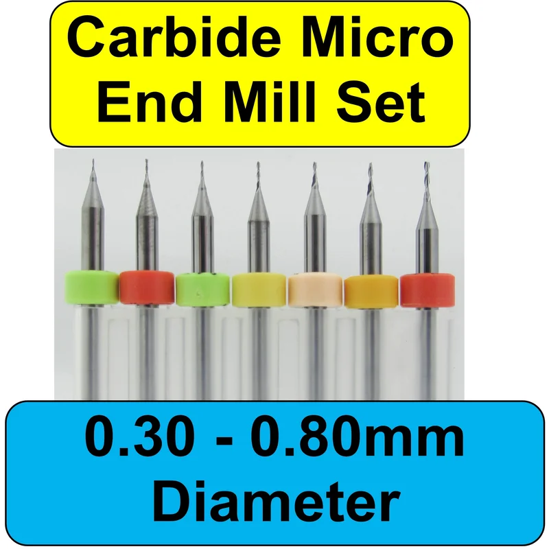 .0118".0315" / 0.300.80mm Kyocera 2-Flute Square End Mill Variety Set 7 Sizes Up-Cut EM1