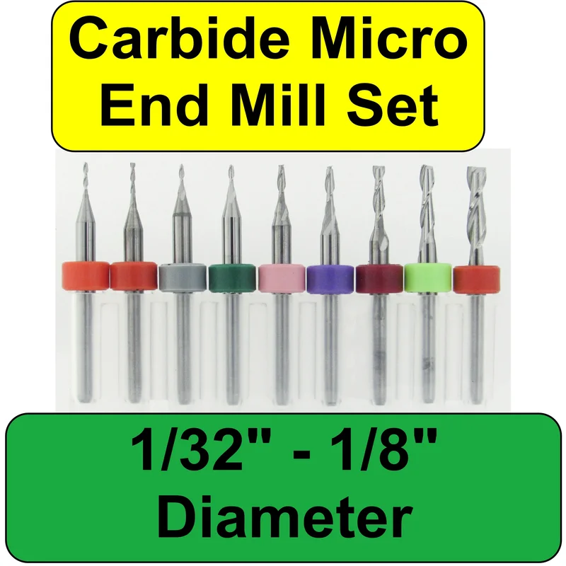.0315".1250" / 1/32"1/8" / 0.803.175mm Kyocera 2-Flute Square End Mill Set 9 Pc EM2