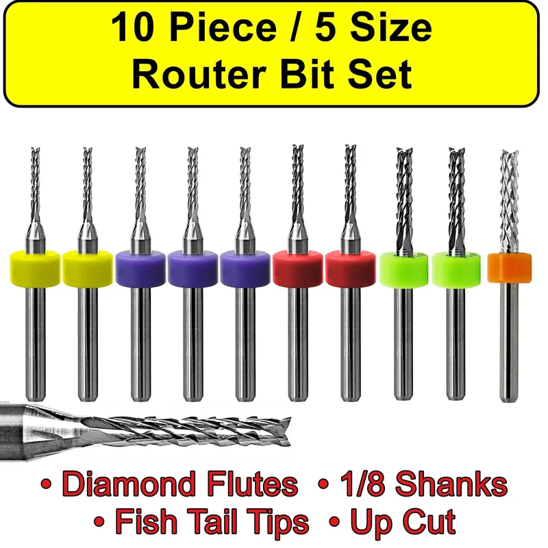 .0500".1250" / 1.253.175mm Diamond Flute Router Bit Set Fish Tail 10 Pc URDV100