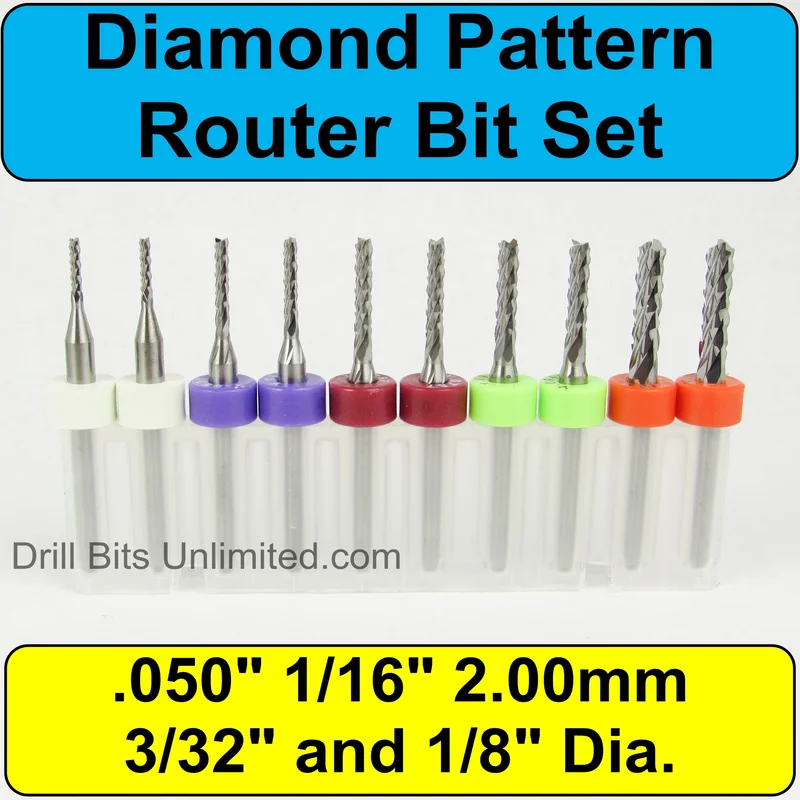 .0500".1250" / 1.253.175mm Kyocera Diamond Flute Router Bit Set Fish Tail 10 Pc R1-N