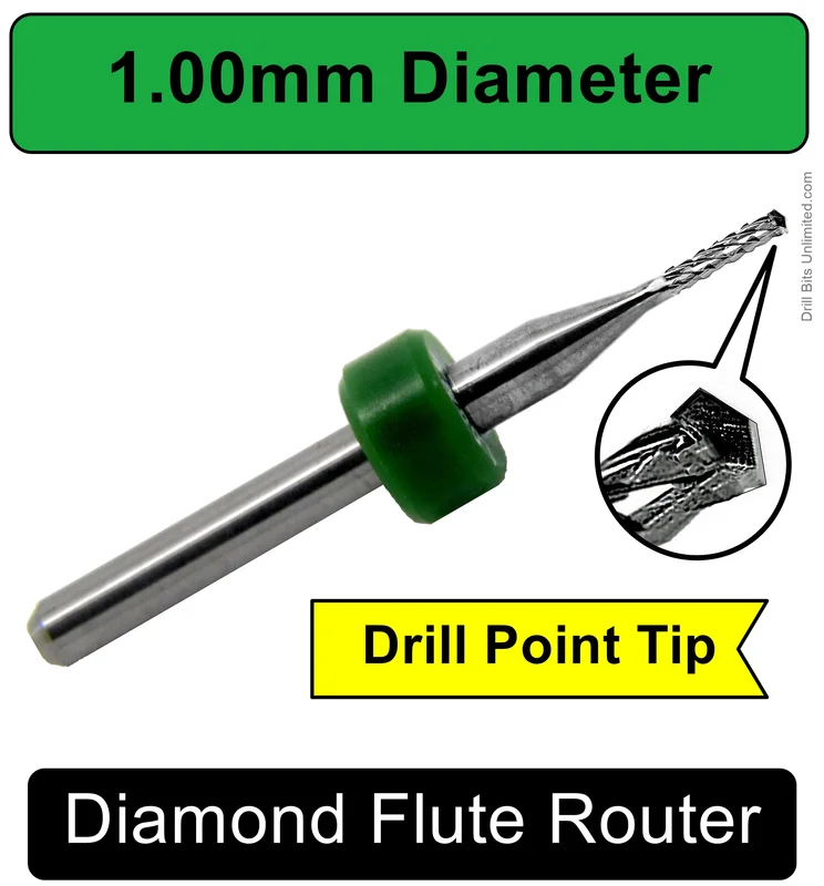 1.00mm Diamond-Flute Carbide Router/Drill Point Tip, 0.200" Cut Depth