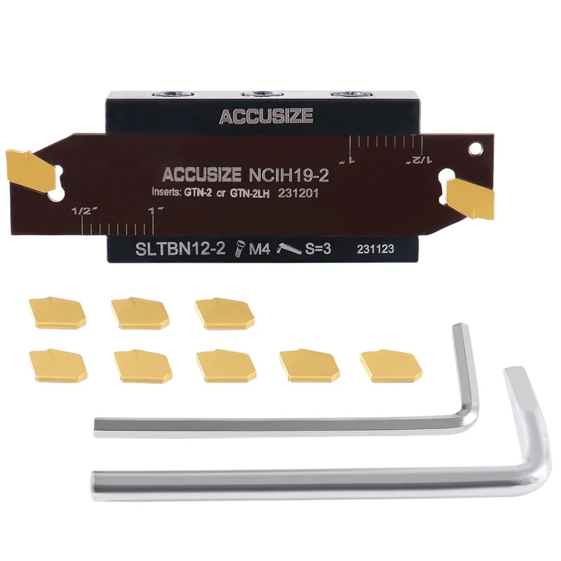 1/2" Self-Lock Carbide Cut-Off Tool set; SLTBN 12-2 (1/2") Tool Block includes 1 Pc NCIH-19-2 blade + 10 Pcs TiN Coated Carbide inserts GTN-2 C6 0.087 width, #2410-0012