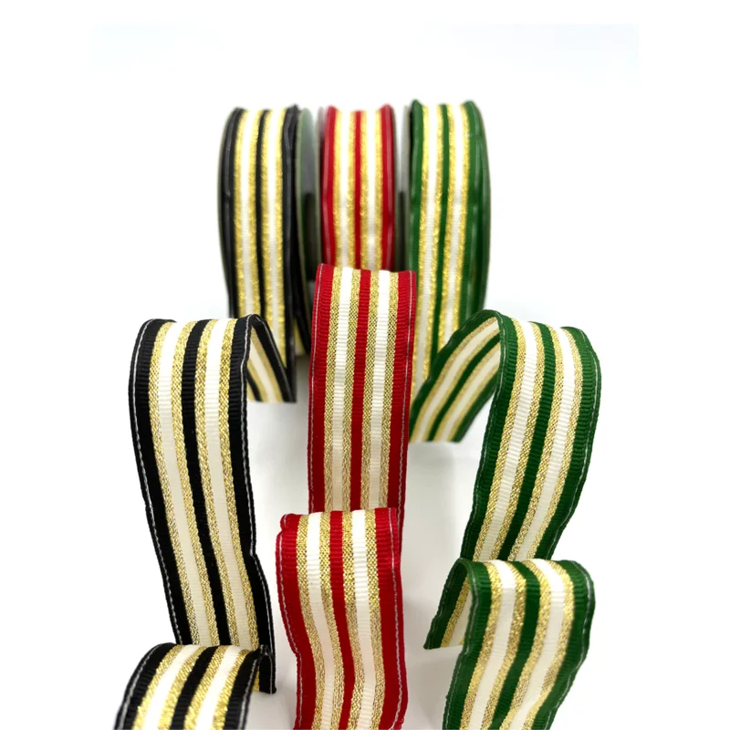 1" Woven Metallic Gold Stripe Wired Ribbon, Assorted Colours Green