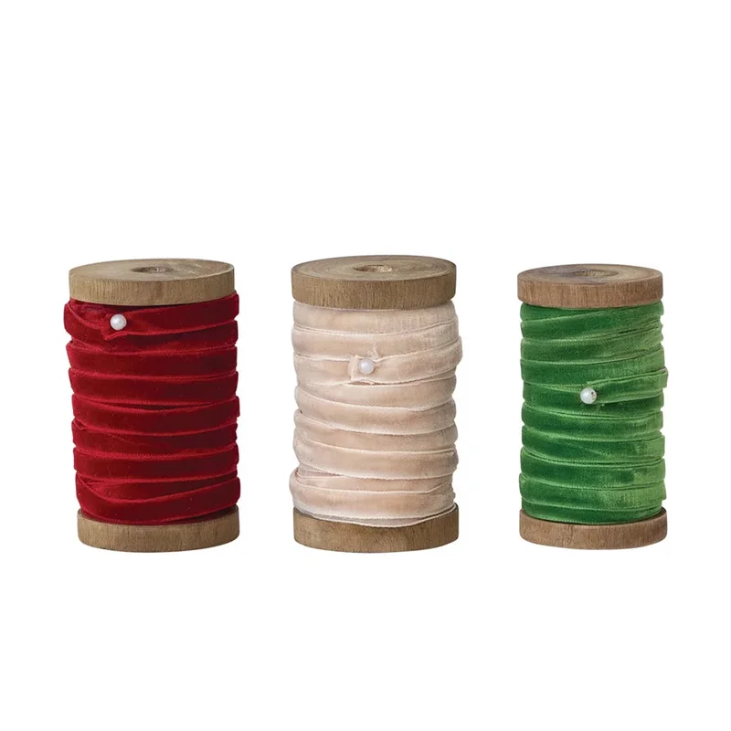 10 Yard 1/4"W Velvet Ribbon on Wood Spool, 3 Colors Red