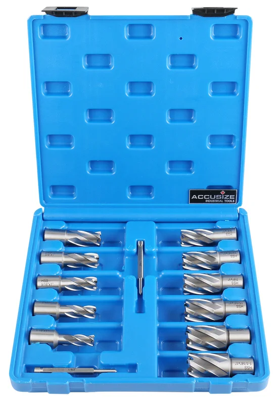 13 Pc/Set, 7/16" to 1-1/16" HSS Annular Cutters, 1" Cutting Depth with 2 Pilot Pins in Strong Plastic Box, #N10