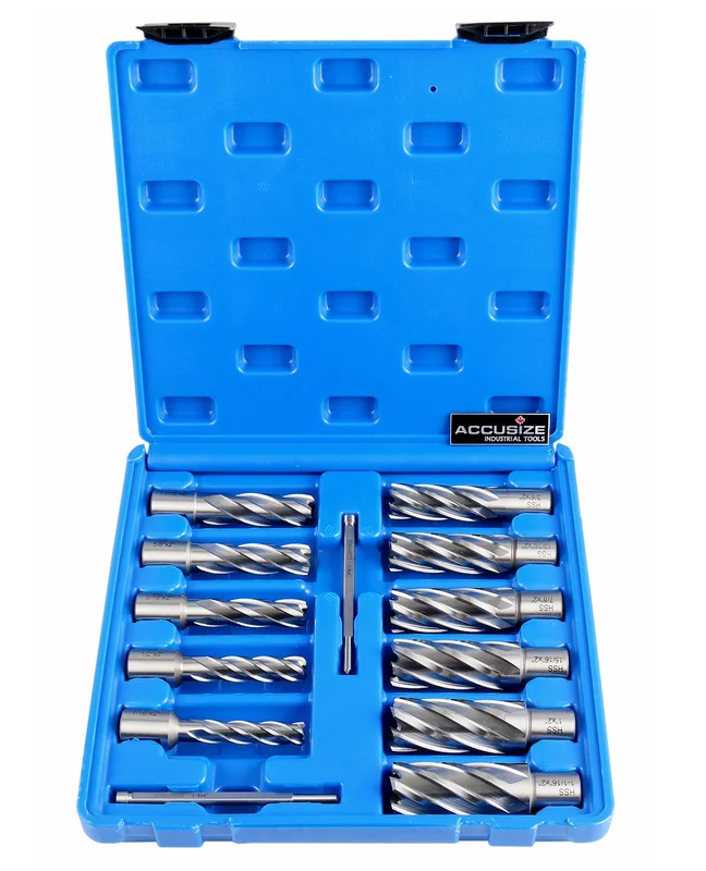 13 Pc/Set, 7/16" to 1-1/16" HSS Annular Cutters, 2" Cutting Depth with 2 Pilot Pins in Strong Plastic Box, #N2