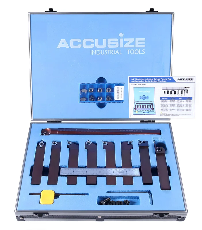 3/4" 9 Pieces/Set, Indexable Carbide Turning Tools and Boring Bar, for Cutting Aluminum, 3988-0034