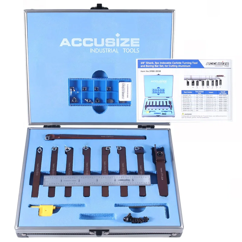 3/8" 9 Pieces/Set, Indexable Carbide Turning Tools and Boring Bar, for Cutting Aluminum, 3988-0038