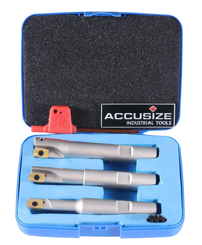 3 pc/set 90 Nickel Plated Indexable End Mill Set, 3/8 in., 1/2 in., & 5/8 in. w/ APKT11T308 Carbide Inserts & Additional Screws, #0028-8308