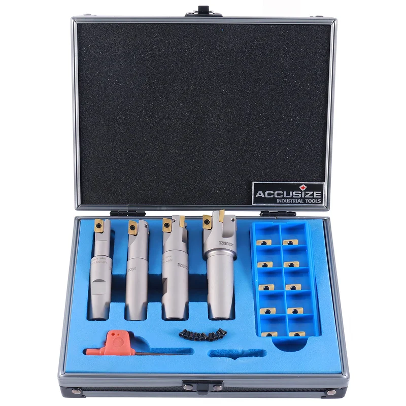 4 pc/set 90 Nickel Plated Indexable End Mill Set, 1/2 in., 5/8 in., 3/4 in., & 1 in. w/ 20 pc of APKT11T308 Carbide Inserts, #0028-8416