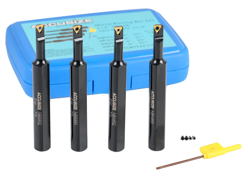4pc Indexable Mini Boring Bar Set, 95 & 91 Entry Angle, Carbide TiN Coated TCMT520 Inserts, EJ99-2178