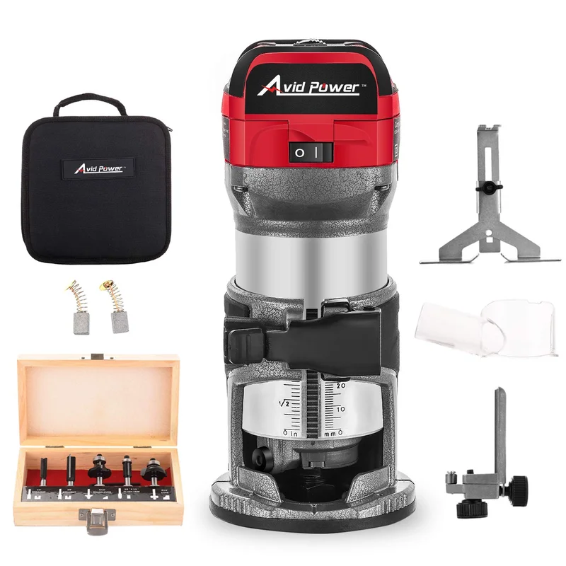 6.5-Amp 1.25 HP Compact Router with Fixed Base, 5 Trim Router Bits, Variable Speed, Edge Guide, Roller Guide and Dust Hood, Avid Power MW104