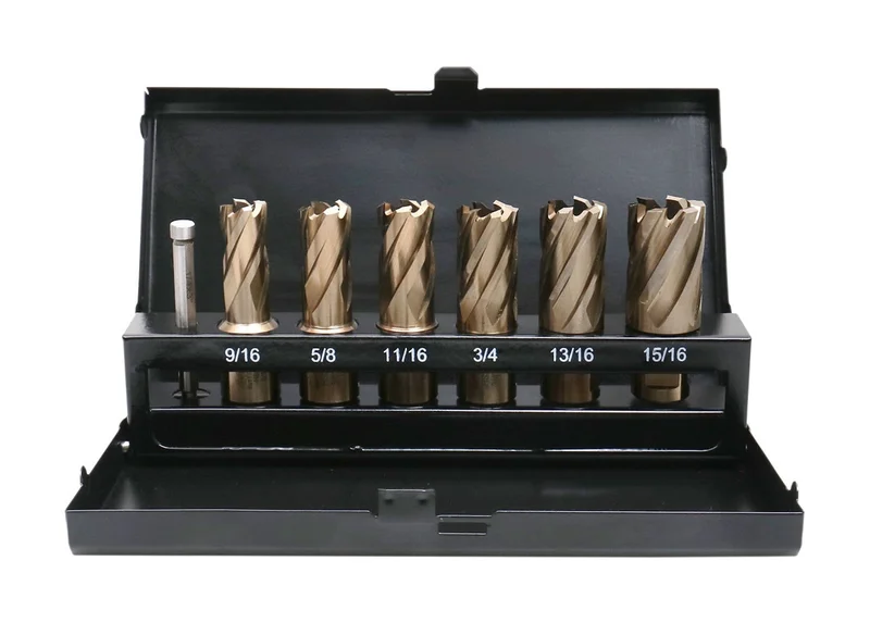 7 pc M35(H.S.S. plus 5% Cobalt) Annular Cutter Set, 9/16" to 15/16", 3/4'' Weldon Shank, 1" Cutting Depth, 1 pc Pilot Pin, #AC01-1000