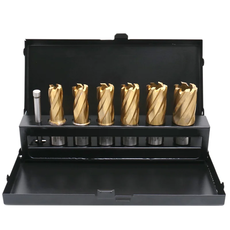7 pc TiN Coated H.S.S. Annular Cutter Set w/ 3/4'' Weldon Shank, 9/16" to 15/16", 1 Pilot Pin, BC01-1000