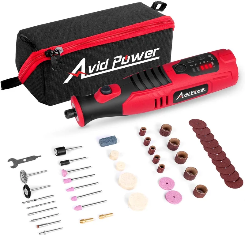 8V Li-ion Cordless Micro Rotary Tool with Five-Speed, 4 Front LED Lights and 60pcs Accessories Kit for Carving, Engraving, Cutting Red