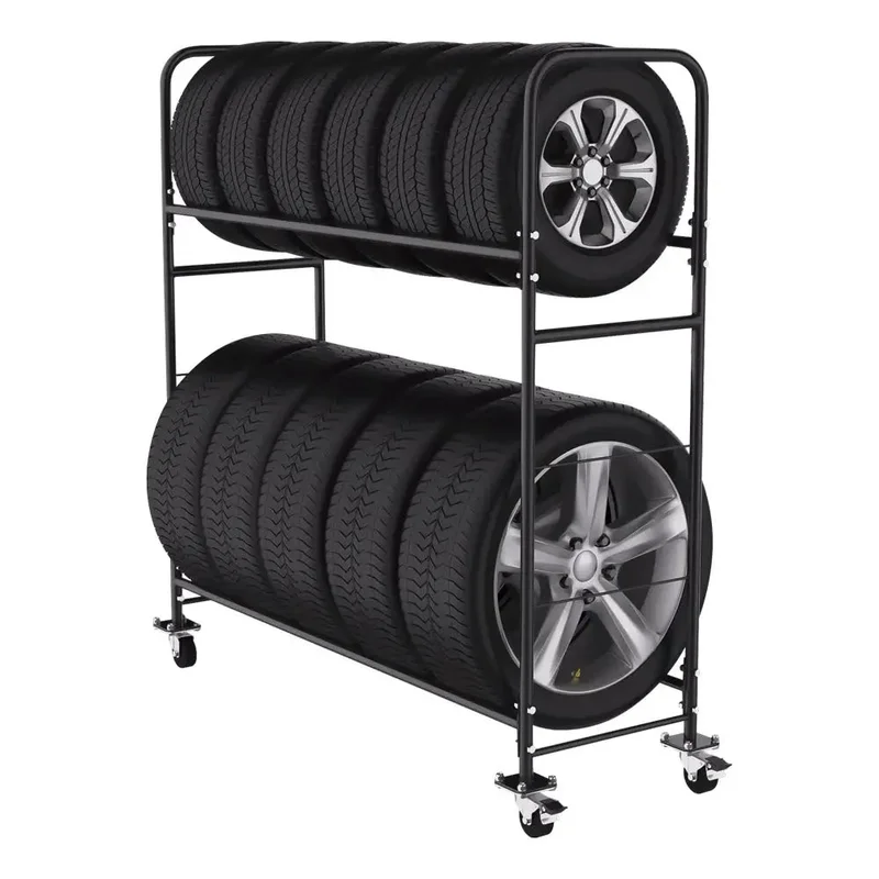 AA 12 Tires Two-Tier Tire Rack w/ Caster Wheels + Cover, Adj. Height