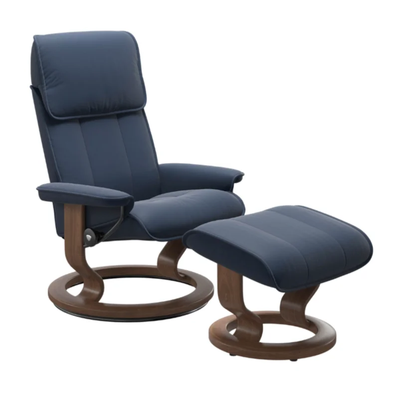 Admiral Classic Base Chair and Ottoman, Paloma Oxford Blue/Walnut (Large)