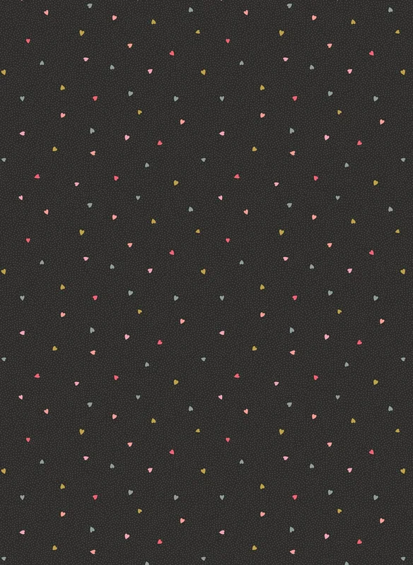 ALL WE NEED IS LOVE: Tiny hearts on charcoal grey (with gold metallic) (1/4 Yard)