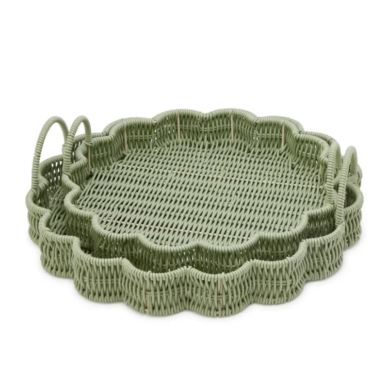 All Weather Wicker Scalloped Edge Green Round Serving Tray, 2 Sizes, Sold Separately