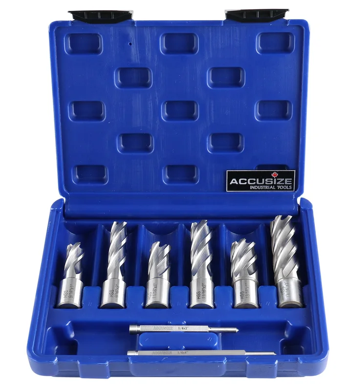 Annular Cutter Set, 9/16", 11/13", & 13/16" Cut Dia., 1" & 2" Cut Depth, 3/4" Weldon Shank, 2 Pilot Pins, 8 Pcs, 0519-0002