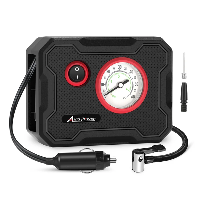AVID POWER 12V Tire Inflator Portable Air Compressor, Portable Car Air Pump w/Display Gauge & LED Light, Air Pump for Car Tires, Motorcycles, Bicycles 9.5Ft Cord, Ultra-compact