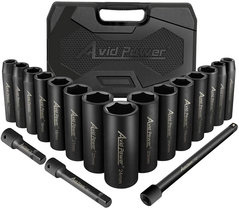 AVID POWER 18pcs 1/2-inch Drive Impact Socket Set, 10-24mm Metric Sizes Sockets and 3'' 5'' 10'' Extension Bar, 6 Point, Cr-V Steel Socket Set