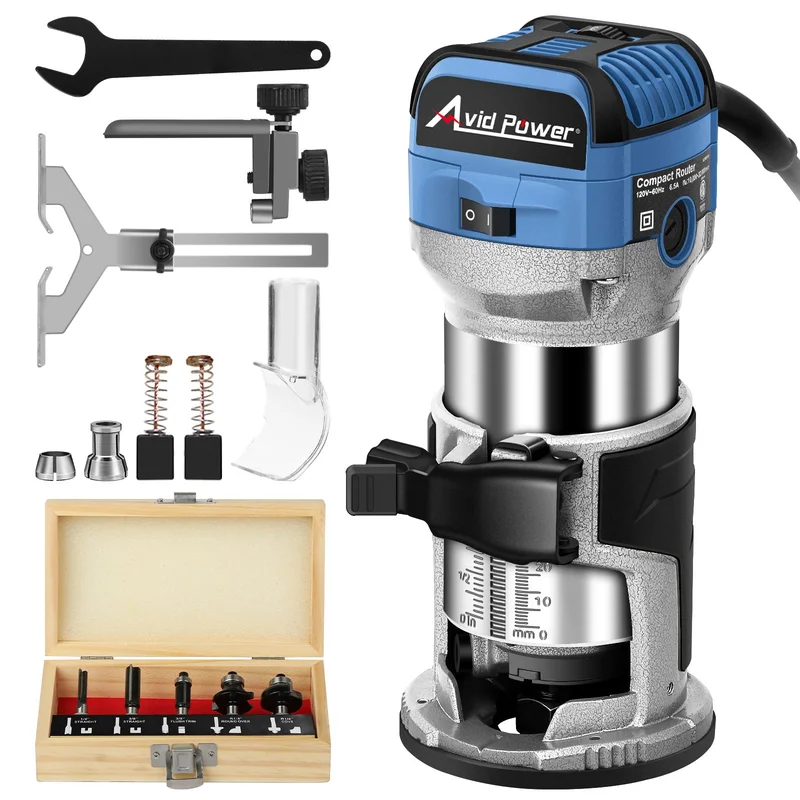 AVID POWER 6.5 Amp 1.25 HP Compact Router Tools for Woodworking, Fixed Base Wood Router with Trim Router Bits, 6 Variable Speeds, Edge Guide, Roller Guide, Dust Hood (Blue, 65mm) Blue