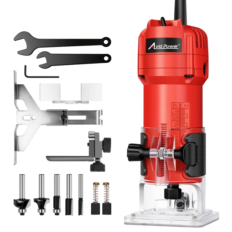 AVID POWER 630W 5.3 Amp Wood Router Tool with Fixed Base Compact Router for Woodworking, 35,000 RPM, 1/4 collet & 5 Trim Bits, Straight & Roller Guide, 2 Wrenches and Carbon Brushes Red