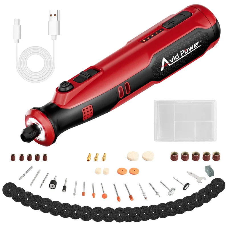 AVID POWER Cordless Rotary Tool 8V Rechargeable Rotary Tool, 4 Front LED Lights, 5 Speeds, 60 Pcs Rotary Tool Accessories with Bag for Carving, Engraving, Sanding, Polishing and Cutting (Dark Red)