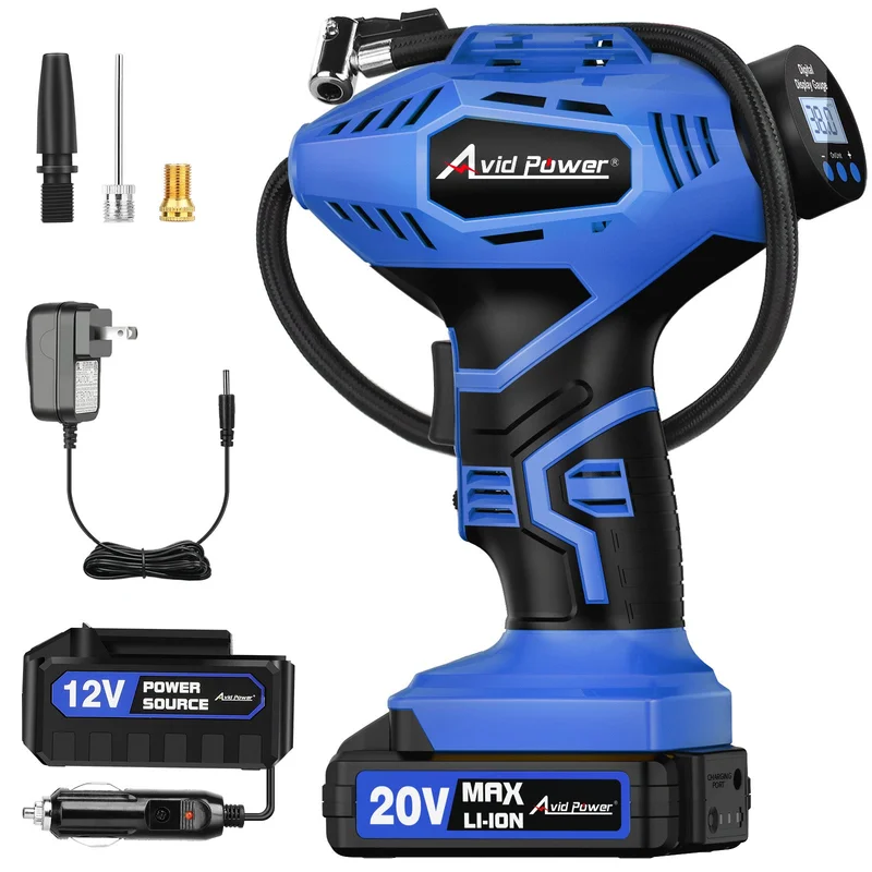AVID POWER Cordless Tire Inflator Portable Air Compressor, 20V Rechargeable Battery Powered Car Tire Pump w/ 12V DC Adapter, Digital Pressure Gauge, Air Pump for Car, Bike, Motorcycle, Ball (Blue)