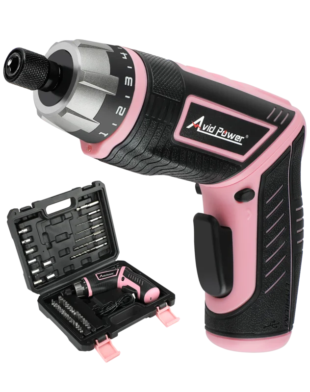 AVID POWER Electric Cordless Screwdriver Set Rechargeable 4V Power Screwdriver Kit with 44pcs Accessories, 5.65Nm Screw Gun, 5+1 Torque Setting, 2 Position Handle with LED Light - Pink Tools for Women