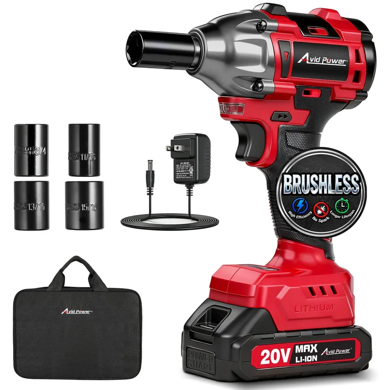 AVID POWER Impact Wrench, 1/2 Impact Gun Brushless Max Torque 332 Ft-lbs (450 N.m), 20V Cordless Impact Wrenches with 2.0 Ah Battery, 2 Variable Speeds, 4PCS Impact Sockets, Charger, Tool Bag