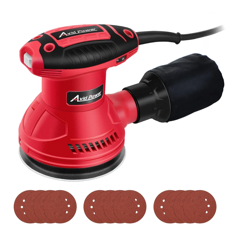AVID POWER Orbital Sander 3.0 Amp 5 Inch Random Orbit Sander 6 Variable Speeds Electric Wood Sander Tool for Woodworking, 7000-14000 RPM, 12 Pcs Sandpapers Red