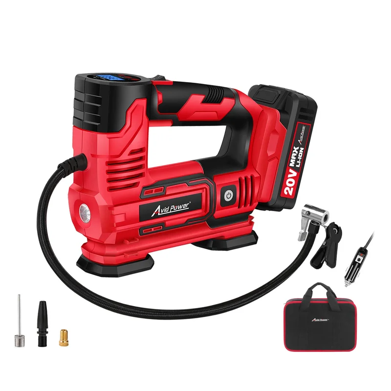 AVID POWER Tire Inflator Portable Air Compressor, 20V Cordless Car Tire Pump with Rechargeable Li-ion Battery, 12V Car Power Adapter, Digital Pressure Gauge