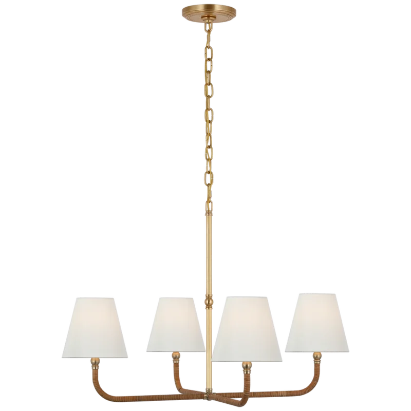 Basden Medium Single Tier Chandelier, Antique-Burnished Brass and Natural Rattan