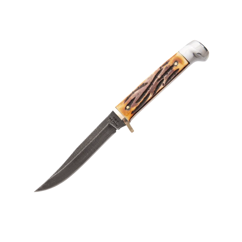 Bear & Son 563D - Genuine India Stag Bone Damascus Hunter w/ Leather Sheath