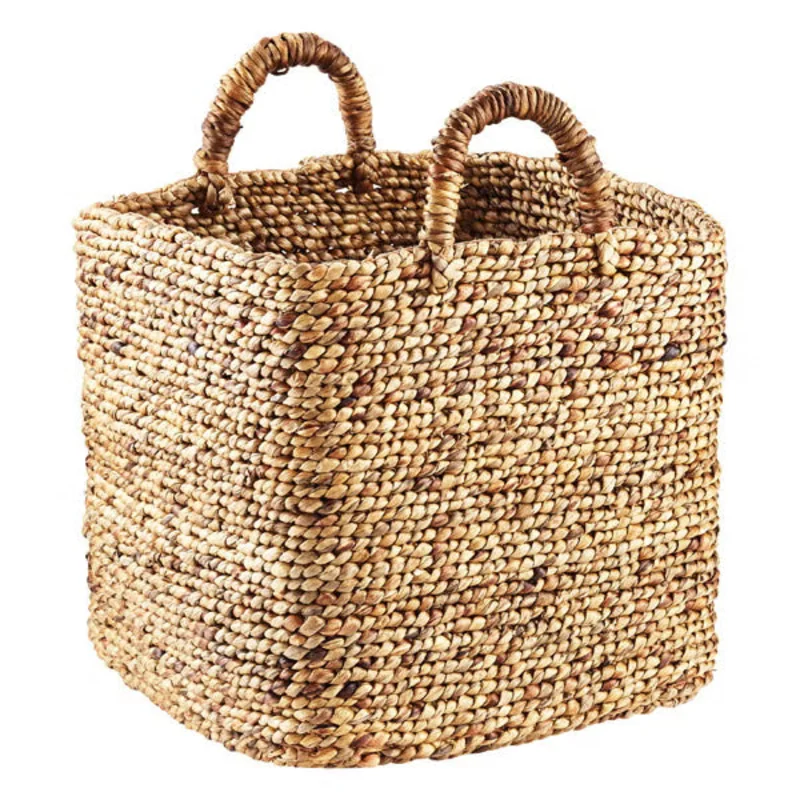Braided Water Hyacinth Storage Cube with Handles, 15.5" Dia