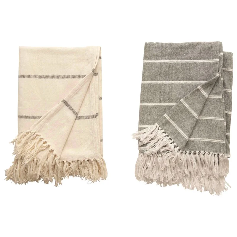 Brushed Cotton Striped Throw With Fringe, 2 Styles