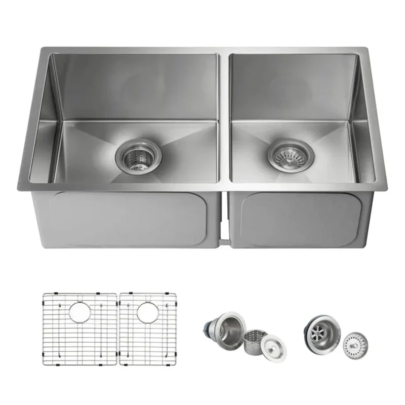 Casa Fixtures - Kitchen Sinks - 32-3/4" Handcrafted Undermount Double Bowl Stainless Steel Kitchen Sink (C1-33DBS)