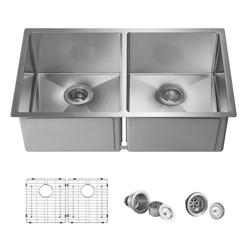Casa Fixtures - Kitchen Sinks - 32-3/4" Handcrafted Undermount Double Bowl Stainless Steel Kitchen Sink (C1-33DEQ)