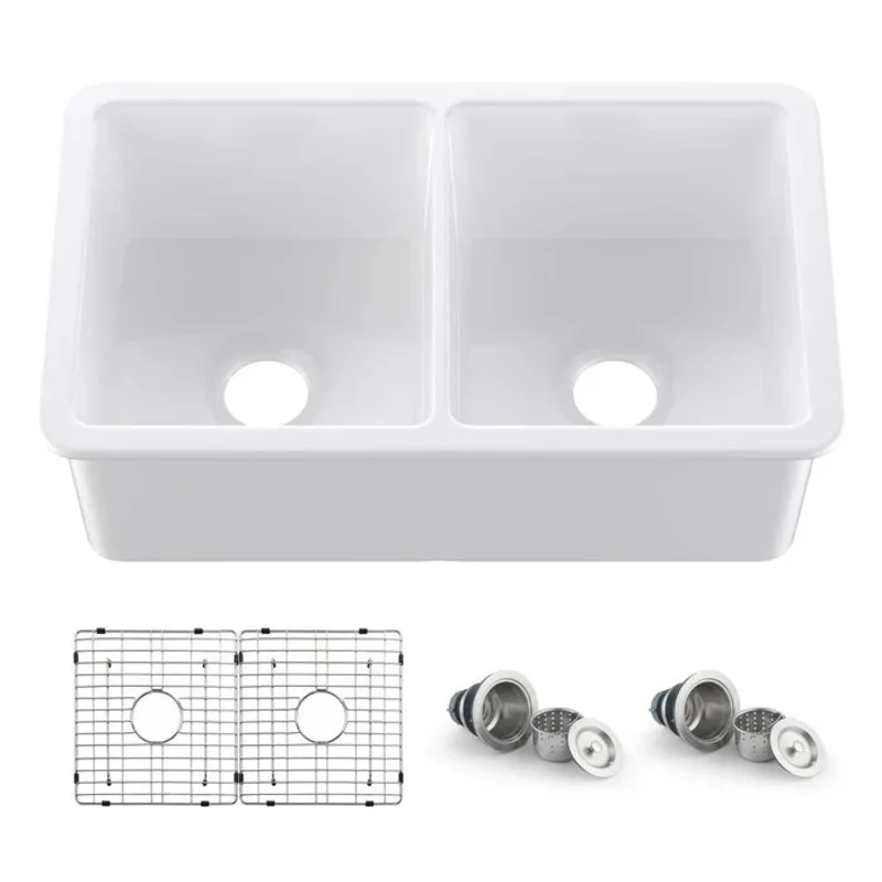 Casa Fixtures - Kitchen Sinks - 32" Fireclay Double Bowl Drop-In/Undermount Kitchen Sink (C2-32D)