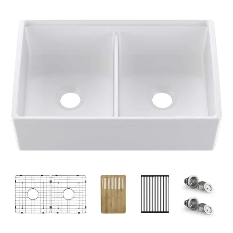 Casa Fixtures - Kitchen Sinks - 33" Fireclay Double Bowl Farmhouse Kitchen Workstation Sink (C2-33DFT)