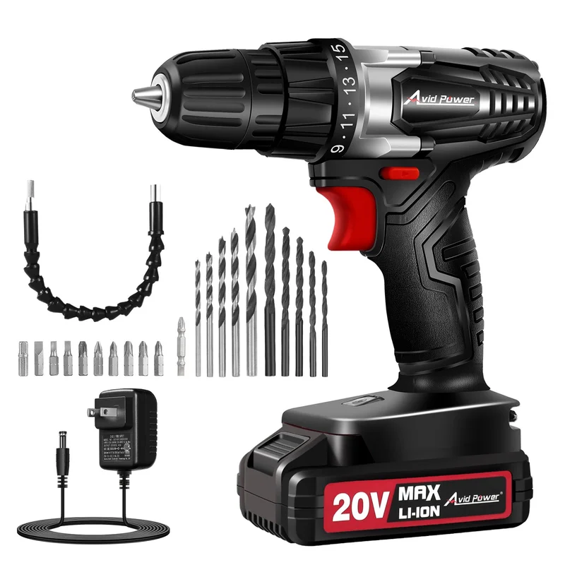 Cordless Drill Set with Battery and Charger, AVID POWER 20V MAX Lithium lon Power Drill Kit, 550RPM Variable Speed & 3/8-Inch Keyless Chuck,16 Position and 22pcs Drill Bits(Black)