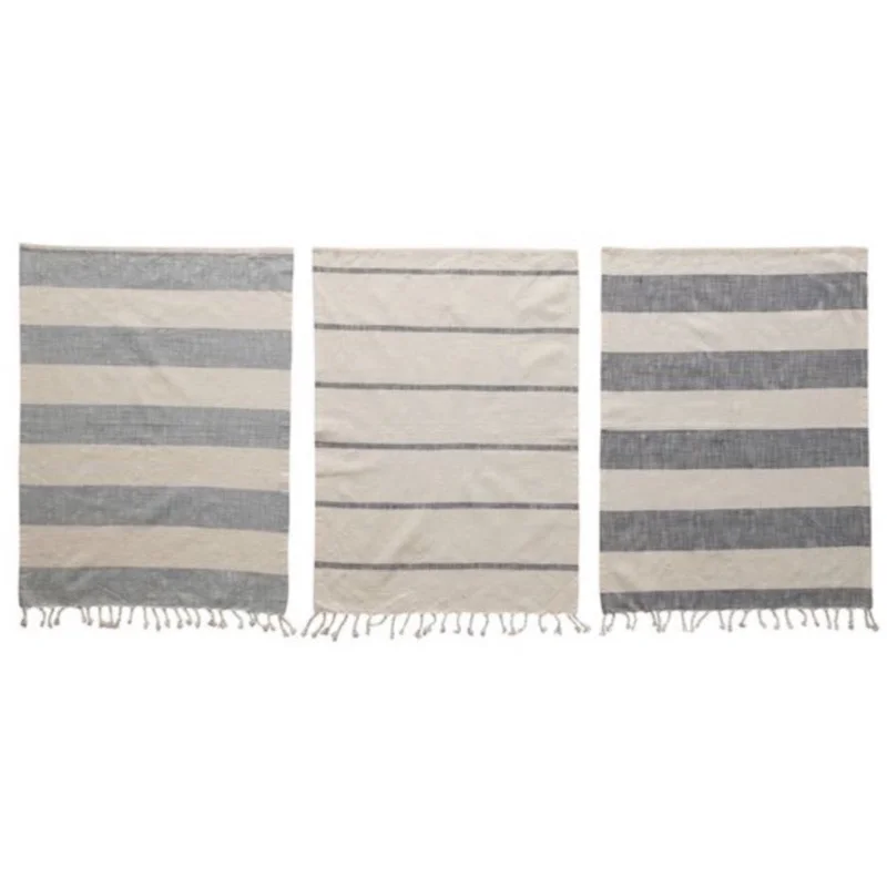 Cotton Tea Towels With Stripes &Tassels, Blue & White, S/3