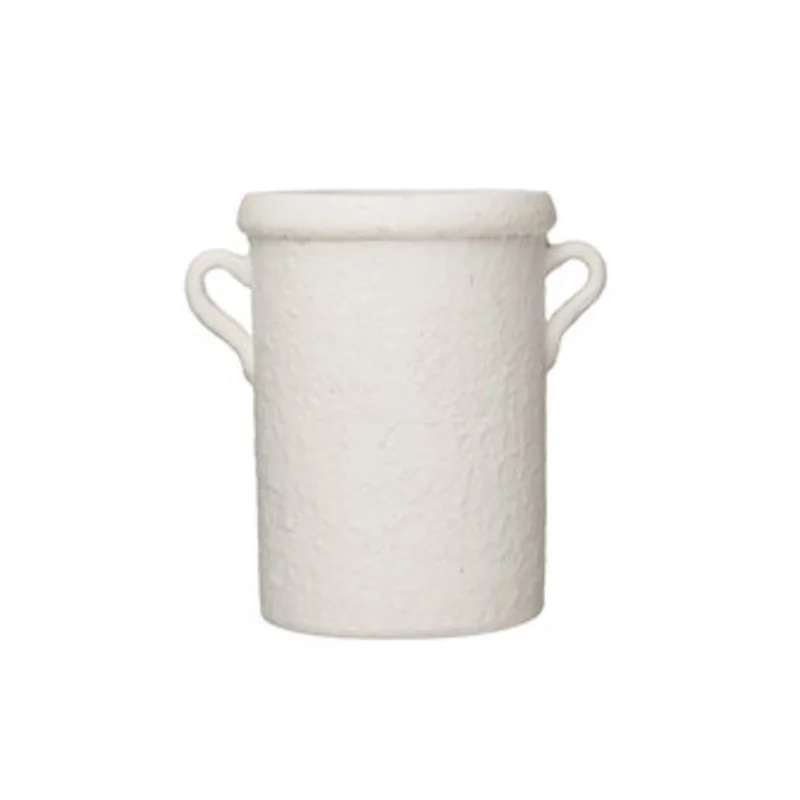 Decorative Coarse Terra-Cotta Crock W/ Handles, Distressed White Volcano Glaze
