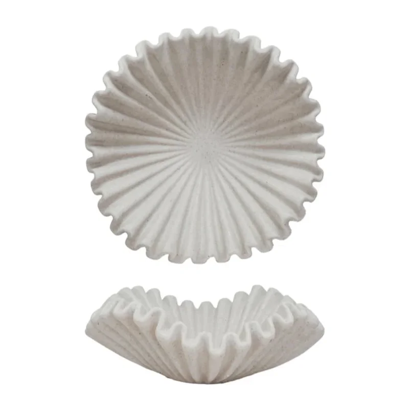 Decorative Resin Ruffled Bowl, Stone Finish, Cream Colour, 20" W