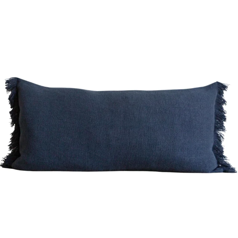 Denim Blue Belgian Linen Fringe Pillow (Lumbar) 16" X 32"